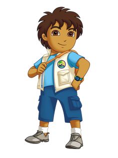 a cartoon boy in blue shorts and a vest