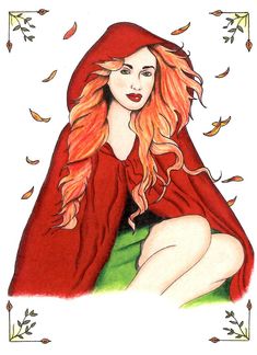 a drawing of a woman with long red hair sitting on top of a green blanket