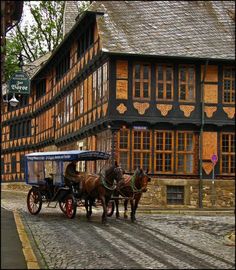 two horses pulling a carriage down a cobblestone street in front of a building