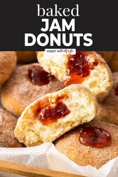 baked jam doughnuts in a basket with the title overlay reading baked jam donuts