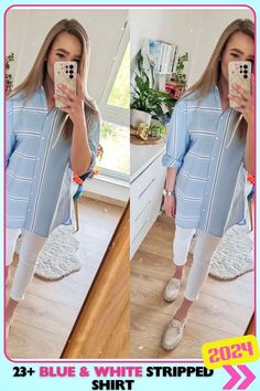 Flowing blue and white striped shirt paired with slim pants for a relaxed yet chic look. Ideal for transitioning from summer to fall, this outfit balances comfort and style, perfect for casual daytime wear. Summer To Fall