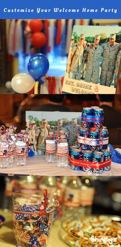 the table is full of patriotic treats and decorations