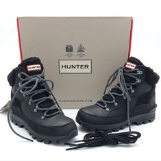 Brand New With The Original Box Get Ready To Explore Outdoors Wearing The Classy Hunter Explorer Leather Boot. Leather, Textile, And Synthetic Upper. Textile Lining. Removable Textile Insole. Lace Closure. Brand Logo On Tongue And Heel. Almond Toe. Synthetic Outsole. Hunter Shoes, Women Hunters, Leather Boot, Lace Closure, Winter Rain, Rain Boots, Leather Boots, Brand Logo, Original Box