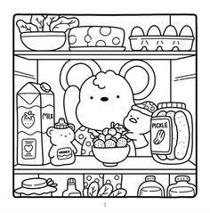 a coloring page with an image of a mouse in the fridge and food items on shelves