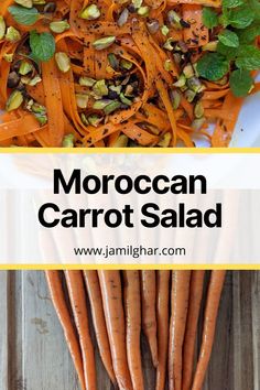 carrots are piled on top of each other with the words moroccan carrot salad above them