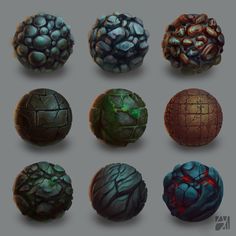 an assortment of different types of balls and stones on a gray background, including one with green eyes