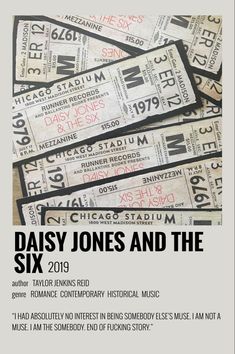 the poster for daisy jones and the six by various words on it, including an image of