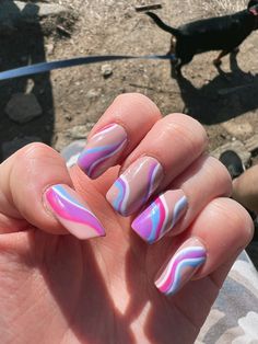 Abstract Nails Coffin, Purple And Pink Nails Ideas, Spring Swirl Nails, Pink And Blue Nail Ideas, Purple And Hot Pink Nails, Nails With Swirls, Color Swirl Nails, Lilac And Blue Nails, Pink Blue And Purple Nails