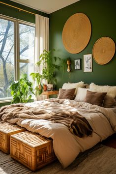 This biophilic Modern Boho Bedroom is filled with earth tones, featuring a green accent wall adorned with botanical art prints. A bamboo bed frame supports a mattress covered in organic cotton linens. A vertical garden hangs beside the window, and a sisal rug lies on the floor. Boho Bedroom Couple Ideas, Calm Earth Tone Boho Minimalist Bedroom, Boho Earth Tone Bedroom, Green And Brown Boho Bedroom, Green Gold Tan Bedroom, Orange And Green Boho Bedroom, Tropical Room Design, Forest Green Boho Bedroom, Bohemian Green Bedroom