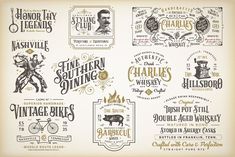 an assortment of vintage styled labels and emblems for various types of wines, including wine bottles