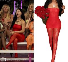 Love Island (USA): Season 6 Episode 9 Leah's Red Lace Strapless Jumpsuit