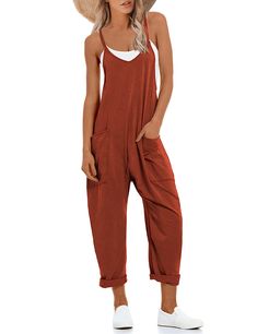 PRICES MAY VARY. Stretchy material, super soft and comfy, lightweight not see through Adjustable spaghetti straps summer jumpsuit, wide leg long harem pants overalls with two big side pockets Effortless and oversized fit, deep v neck, dropped crotch, solid color, lounge sleeveless overalls, black baggy one piece jumpsuits for women This 2024 spring summer fashion sleeveless jumpsuit is perfect for matching with t-shirts, tank tops, crop tops and sandals, heels, beach hats, and your favorite neck Summer Jumpsuit Casual, Loose Romper, Womens Jumpsuits Casual, Long Pant Jumpsuit, Comfy Jumpsuits, Solid Color Jumpsuits, Overall Jumpsuit, Maternity Jumpsuit, Jumpsuit Summer