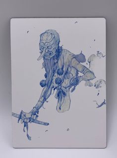 a blue and white drawing of a person on skis