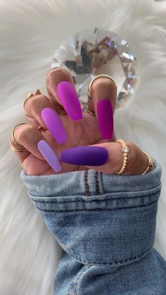 Neon Wavy Nails, Purple Gradient Nails Shades, Pretty Dark Purple Nails, Full Set Nails Acrylic Short Summer, Monochromatic Purple Nails, Dip Powder Nails Coffin Medium, Cool Dip Nail Designs, Bright Purple Nail Ideas, Opposite Color Nails On Each Hand