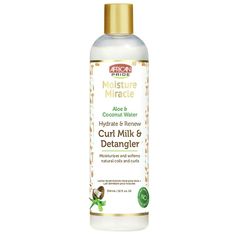 African Pride Moisture Miracle  Aloe & Coconut Water Curl Milk & Detangler 12 oz   . Product Description: This leave-in curl moisturizing milk restores natural coils and curls by providing daily hydration and minimizing knots for easy styling. Its nourishing blend of Aloe & Coconut water revitalizes each strand, from root to tip, leaving coils and curls frizz-free with a hydrated shine.   Aloe Vera ; Nourishes, conditions and protects against breakage Coconut Water ; Helps strengthen hair and re African Pride Moisture Miracle, Moisture Miracle, Milk Hair, Defined Curls, Bouncy Curls, Healthy Scalp, Hair Detangler, Frizz Free, Hair Strengthening