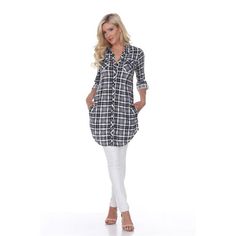 FeaturesProductTypePiperStretchyPlaidTunicOurbuttonfronttunicissoftandlightandhasanalloveryarndyedwovenplaidpattern.Longsleeveswithbuttonedcuffsrollandtabto0.75in.length.Material100%PolyColor02White&BlackSizeMedium Plaid Tunic, White Leggings, Short Sleeve Tunic, Women Tunic Tops, White Mark, Plaid Fabric, Long Sleeve Tunic, Womens Tunics, Tunic Top