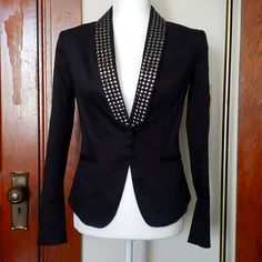 Dress Up Any Outfit With This Edgy Twist To The Clasic Black Blazer. Perfect For Holidays! This Showstopper Is Clasic, Sexy, And So Chic! Features Three Functional Pockets (Two Side, One Breast), And Fully Studded Tuxedo Style Collar (Gunmetal Individually-Applied Studs). Fully Lined. Never Worn And Well Preservered In A Pet-Free, Smoke-Free Home. Fitted Silver Blazer For Evening, Chic Fitted Silver Blazer, Chic Silver Fitted Blazer, Fitted Silver Blazer For Work, Studded Collar, Tuxedo Style, Black Blazer, Colored Blazer, Jessica Simpson