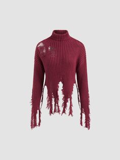 Knit High Neck Ripped Knitted Long Sleeve Top Burgundy Cotton Sweater For Fall, Burgundy Ribbed Sweater For Fall, Fall Ribbed Burgundy Sweater, Live House, Knitted Long Sleeve, Shopping Spree, Performance Outfit, Fallen Angel, Music Festival