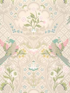 an ornate wallpaper with birds and flowers on the side, in pastel colors