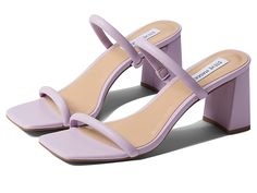 Steve Madden Lilah Sandal - Women's Shoes : Lilac : Be on-trend with the Steve Madden Lilah Sandal. Slip-on styling with straps at the toes and vamp of the foot. Square, open-toe design. Synthetic upper. Lining, insole, and outsole made of leather material. Flared, block heel. Made in Brazil. Measurements: Heel Height: 2 3 4 in Weight: 8 oz Product measurements were taken using size 8, width M. Please note that measurements may vary by size. Weight of footwear is based on a single item, not a pa Pastel Purple Heels, Trendy Leather Open Toe Block Heels, Modern Open Toe Block Heels For Spring, Trendy Open Toe Block Heels With Buckle, Trendy Open Toe Block Heels With Buckle Closure, Open Toe Slingback Sandals With Padded Heel For Spring, Spring Synthetic Slingback Sandals With Square Toe, Spring Open Toe Slingback Sandals With Padded Heel, Trendy Sandals With Sculpted Heel And Ankle Strap