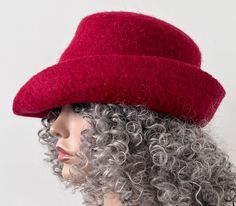 Red Felted Hat with Deep Curved Brim, Felted Cloche Handmade Winter Formal Hat Retro Curved Brim Felt Hat For Winter, Winter Cloche Hat With Flat Brim, Retro Winter Fedora With Curved Brim, Retro Winter Hat With Flat Brim, Winter Wool Mini Hat With Curved Brim, Retro Flat Brim Winter Hat, Brimmed Fur Felt Cloche Hat For Winter, Winter Brimmed Fur Felt Cloche Hat, Winter Fur Felt Brimmed Cloche Hat