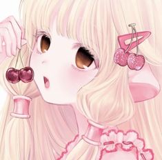 a girl with long blonde hair and two cherries on her ear is looking into the distance