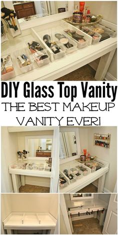 Diy Makeup Vanity Plans, Diy Makeup Desk, Desk Cheap, Diy Makeup Vanity Table, Cheap Vanity, Diy Vanity Table, Glass Top Vanity, Makeup Vanity Table, Make Up Studio