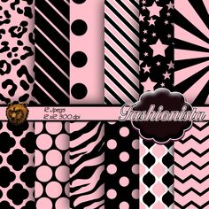 a set of black and pink animal print paper with zebra stripes, cheetah spots, and stars