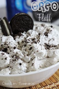 oreo fluff ice cream in a white bowl