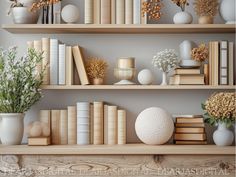 bookshelves with vases and flowers on them