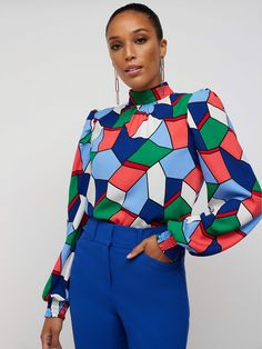 Geometric-Print Smock-Cuff Mock-Neck Blouse | New York & Company Spring Office Tops With Stand Collar, Trendy Long Sleeve Top With Smocked Cuffs, Chic Spring Top With Stand Collar, Chic Stand Collar Tops For Spring, Trendy Stretch Blouse With Elastic Sleeves, Multicolor Long Sleeve Tops For Office, Trendy Mock Neck Top For Spring Workwear, Spring High Neck Blouse For Work, Multicolor Fall Blouse With Smocked Cuffs