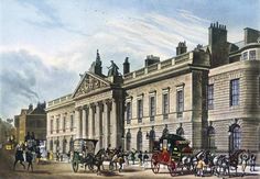 an old drawing of horse drawn carriages in front of a large building