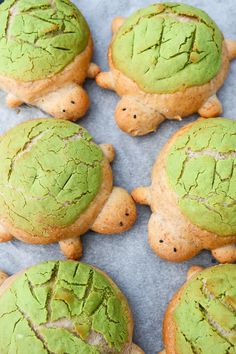 some cookies with green frosting and little turtles on top of each cookie, all shaped to look like small tortoises