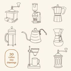 various types of coffee machines are shown in black and white, with the words 30 coffee line drawings