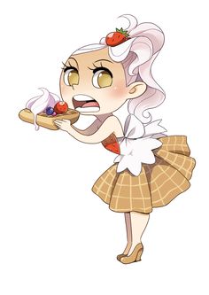 a cartoon girl holding a piece of cake