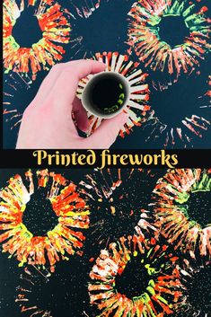 a hand holding a coffee cup in front of firecrackers on a black background