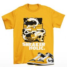 Sneaker Holic Shirt to Match Jordan 1 Mid Yellow Ochre Our custom designs are printed on Gildan t-shirts/sweatshirts. This is a custom item. We do not start production on this item until you make your purchase. *Please message us before leaving a negative review so we can fix the issue. Thanks! **PLEASE NOTE THAT THIS IS FOR SHIRT ONLY. SHOES ARE NOT PART OF THIS SALE COLOR DISCLAIMER: YOUR SCREEN DISPLAYS COLORS WITH INTENSE SATURATION, ITEM'S COLORS MAY NOT BE AS SATURATED IN PERSON COLORS OF Air Jordan 1 Mid Taxi Yellow, Streetwear Yellow Top With Graphic Design, Yellow Graphic Design Top For Streetwear, Hip Hop Style Yellow T-shirt With Screen Print, Yellow Hip Hop T-shirt With Screen Print, Yellow Graphic T-shirt With Crew Neck, Hip Hop Yellow T-shirt With Graphic Print, Yellow Hip Hop T-shirt With Graphic Print, Urban Yellow T-shirt With Graphic Print