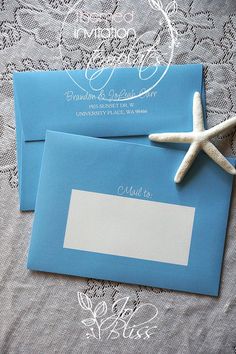 personalized blue pre-addressed 5x7 envelopes Blue Wedding Invitation, Elopement Announcement, Blue Hibiscus, Wedding Envelope, Beach Ceremony