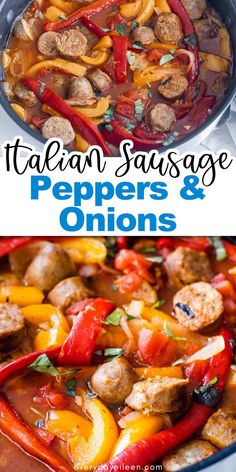 Skillet with sausage, variety of sweet peppers with Pinterest overlay. Sausage And Peppers Crockpot, Italian Sausage Peppers, Sausage And Peppers Recipe, Sausage Peppers Onions, Italian Sausage And Peppers, Sausage Peppers And Onions, Sausage Peppers