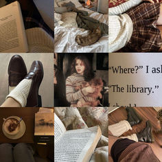 a collage of pictures with books and shoes