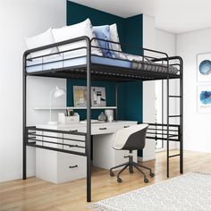 a bunk bed with desk underneath it in a room that has blue walls and hardwood floors