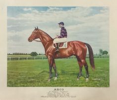 a painting of a man riding on the back of a brown horse in a field