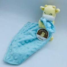 a stuffed animal laying on top of a blue blanket