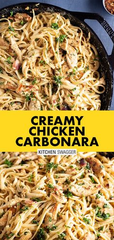 creamy chicken carbonara in a skillet with parsley on top and the title overlay