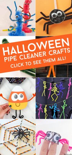 halloween pipe cleaner crafts for kids to make with paper and glue, including spider puppets