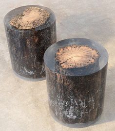 two wooden stools sitting next to each other on top of snow covered flooring