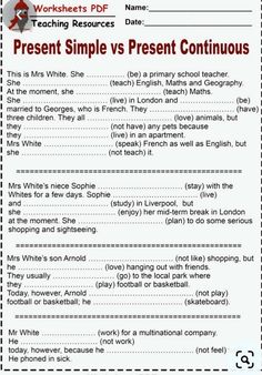 a printable worksheet for present simple and present continuous past tenses in english