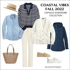 French Travel Capsule Wardrobe, Carry On Capsule Wardrobe Summer Europe, Coastal Fall Fashion, French Spring Capsule Wardrobe 2023, Coastal Grandmother Wardrobe, Coastal Granny Style, Coastal Grandma Fall Outfits