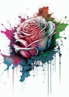 a pink rose with green splats on it's side and watercolor splashes