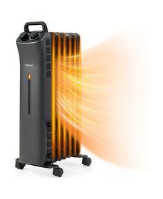 an electric heater on wheels with orange and yellow flames coming out of the back